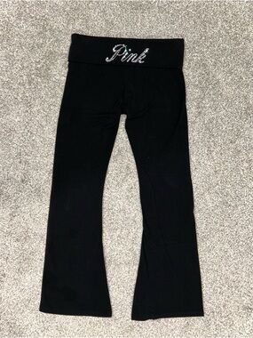 Y2K Foldover Victoria's Secret PINK Black Flare Yoga Pants Rhinestone Logo New